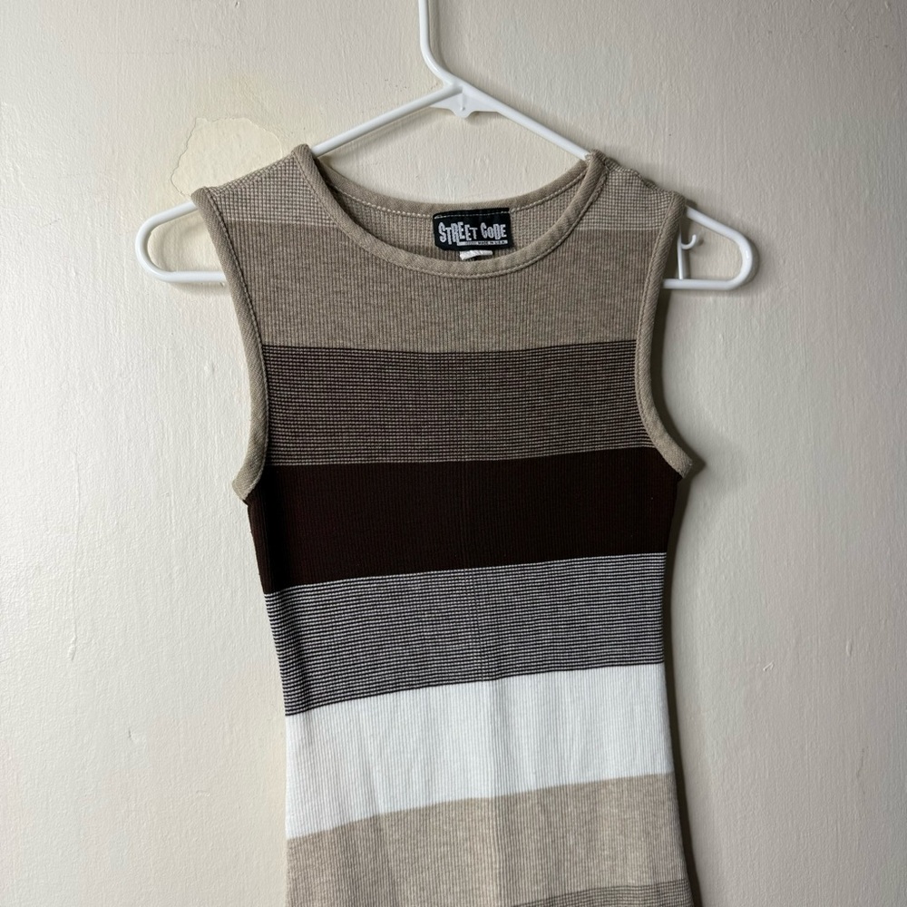 Vintage Street Code Brown Striped Ribbed Tank Sweater Dress Y2K Bodycon - Picture 2 of 6